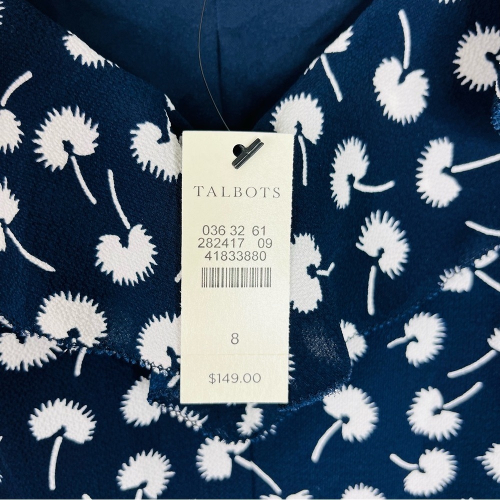 Talbots NEW Size 8 Floral Navy V-Neck Sheath midi Chiffon Dress Belted - Picture 4 of 8